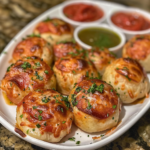 Crispy homemade pizza crunchers filled with cheese and pepperoni, served with dipping sauces on a plate