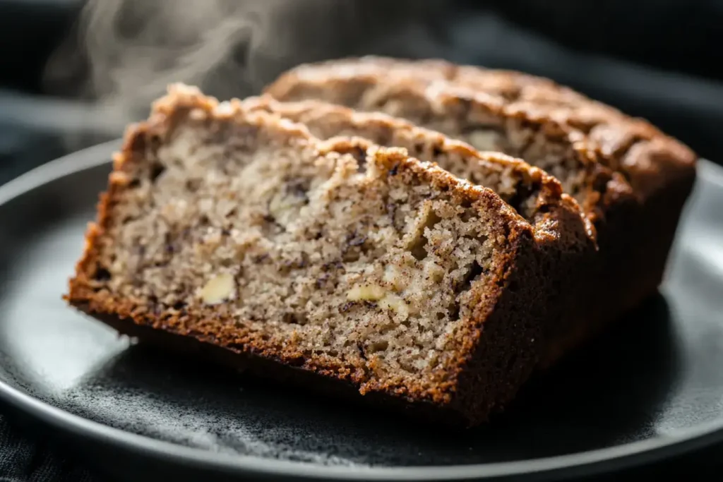 Slice of cottage cheese banana bread on a dark plate beside a cup of coffee in a moody café-style setting.