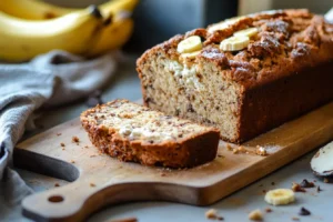 Homemade cottage cheese banana bread sliced on a rustic cutting board, with bananas and cottage cheese in the background.