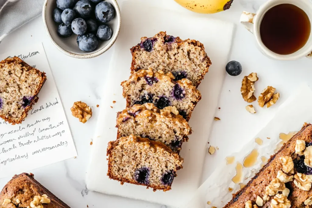 Rustic-style banana bread on parchment with cottage cheese and ingredients on a wooden table.
