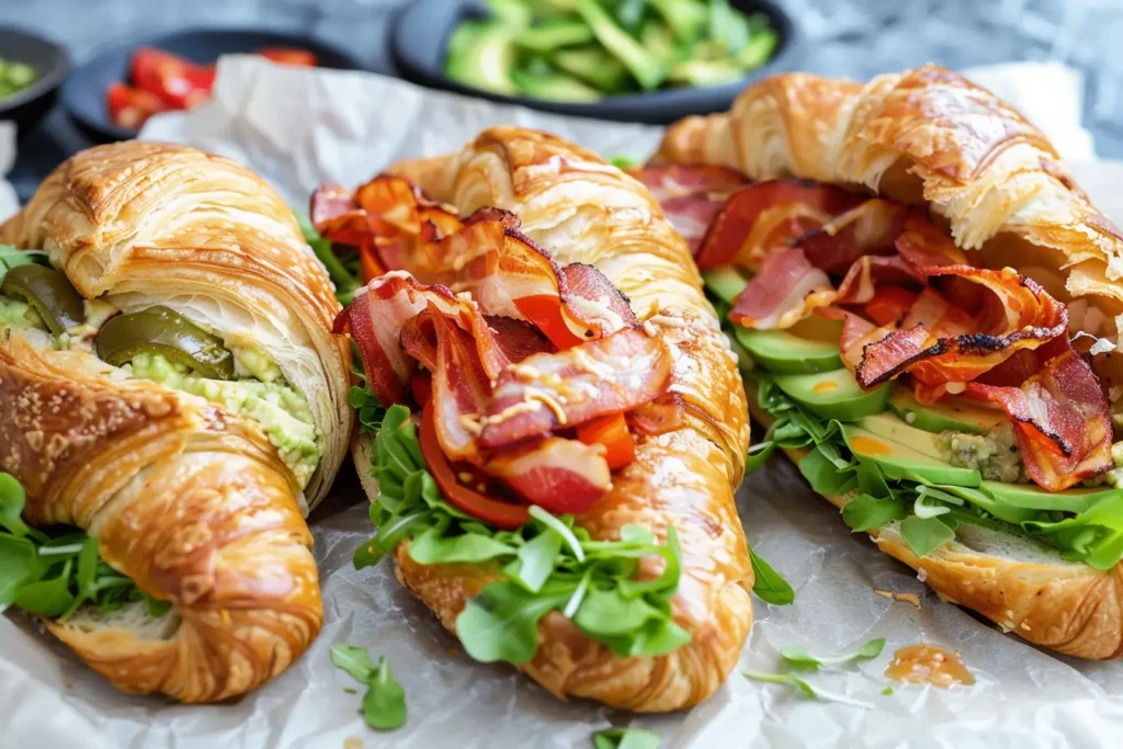 Three BLT Croissant Breakfast Sandwiches: classic, spicy jalapeño, and avocado veggie on parchment paper