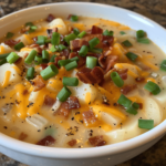 Over-the-top portion of crock pot crack potato soup with cheese, bacon, and green onions
