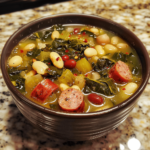 Big homemade bowl of turnip green soup with beans and sausage, phone photo