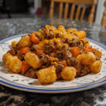Large homemade sloppy joes tater tot casserole served in a big portion, phone camera