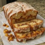 Freshly baked Amish Apple Fritter Bread topped with vanilla glaze