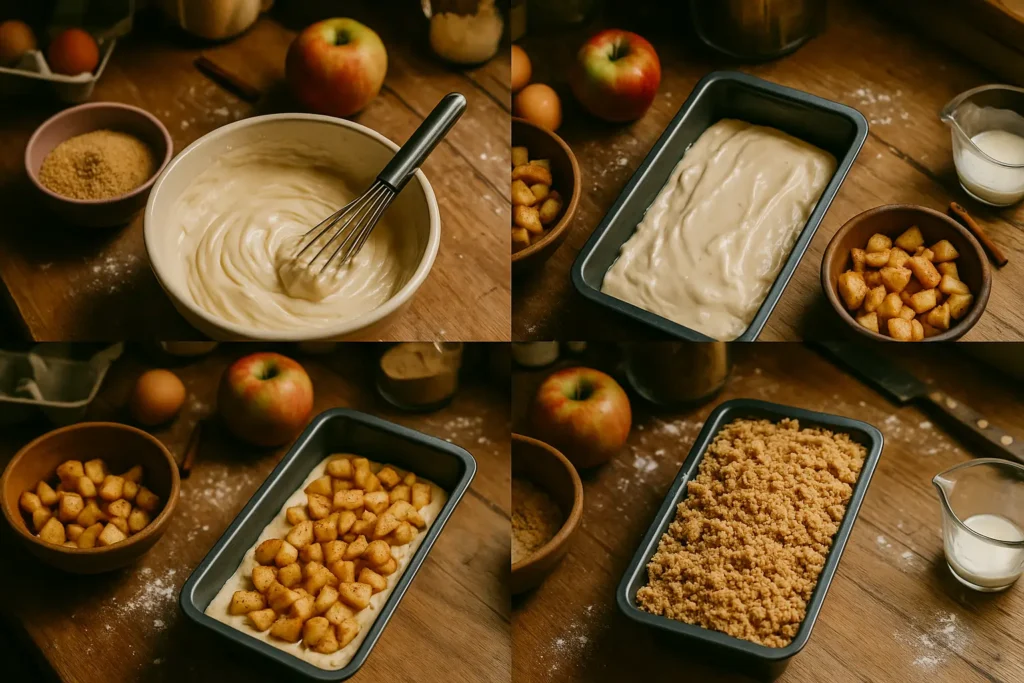 Step-by-step prep of Amish Apple Fritter Bread from mixing to topping