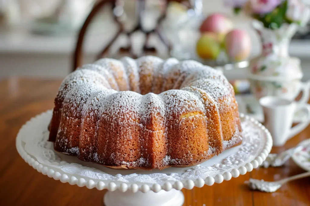 Whole Amish applesauce cake in a farmhouse kitchen with natural light