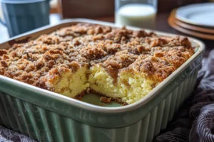 Full homemade Amish cinnamon sugar coffee cake with streusel topping in a square metal pan