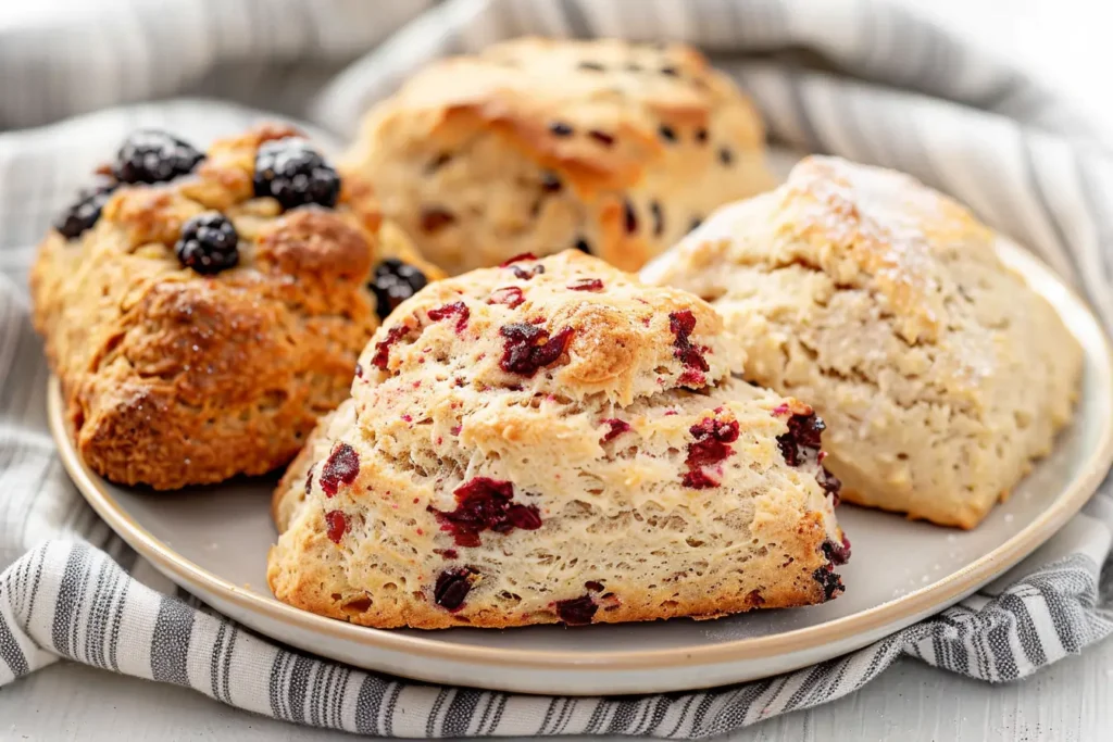 Variety of master scones—blueberry, chocolate chip, cheddar chive—on a tray