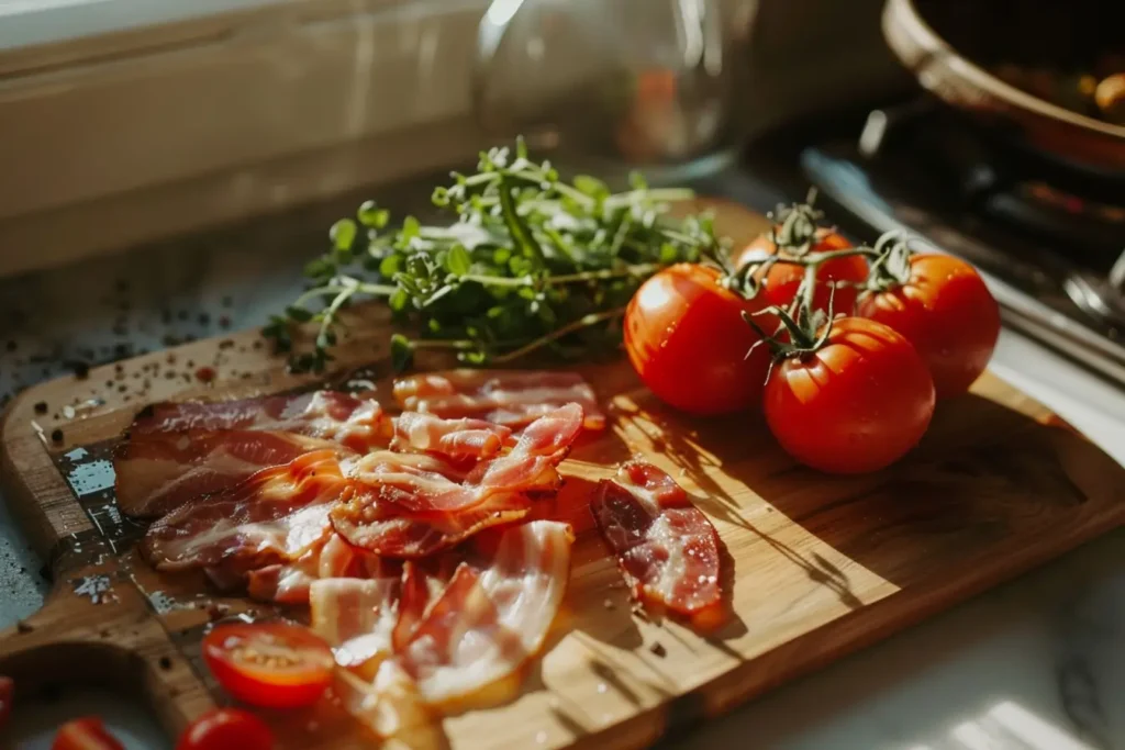 BLT Croissant ingredients arranged on a wooden board with natural light