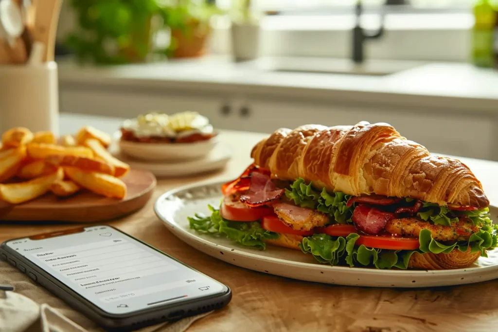 Phone with nutrition app beside BLT Croissant Breakfast Sandwich on a table in natural light
