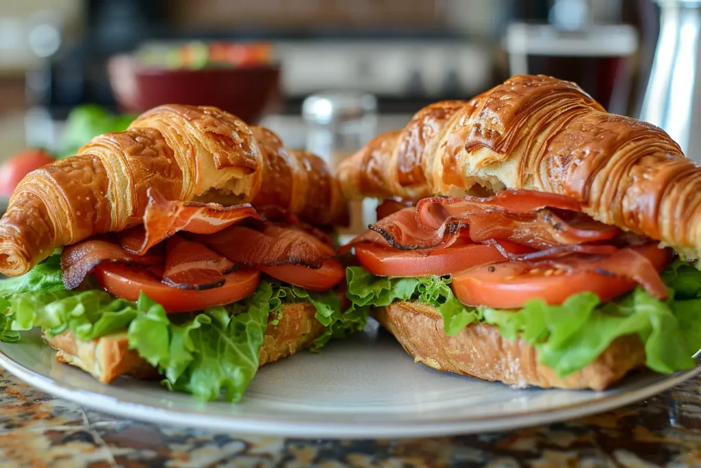 BLT croissant sandwich beside classic toast BLT showing croissant layers in morning light