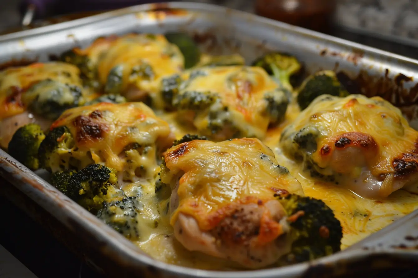 Golden, bubbling Cracker Barrel Broccoli Cheddar Chicken casserole just out of the oven.