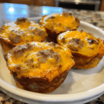 A plate piled high with oversized Bisquick sausage muffins, showing golden tops and cheesy sausage filling, photographed on a kitchen counter with a phone.