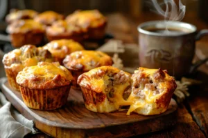 All ingredients for Bisquick sausage muffins—Bisquick mix, sausage, cheese, eggs, milk, and seasonings—arranged in small bowls on a kitchen counter.