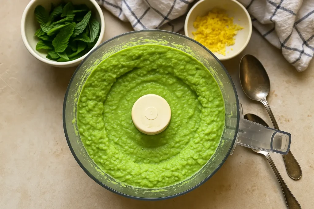 Blended pea purée in a food processor with herbs and lemon