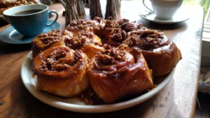 Large bourbon pecan sticky buns on a rustic wooden table with coffee