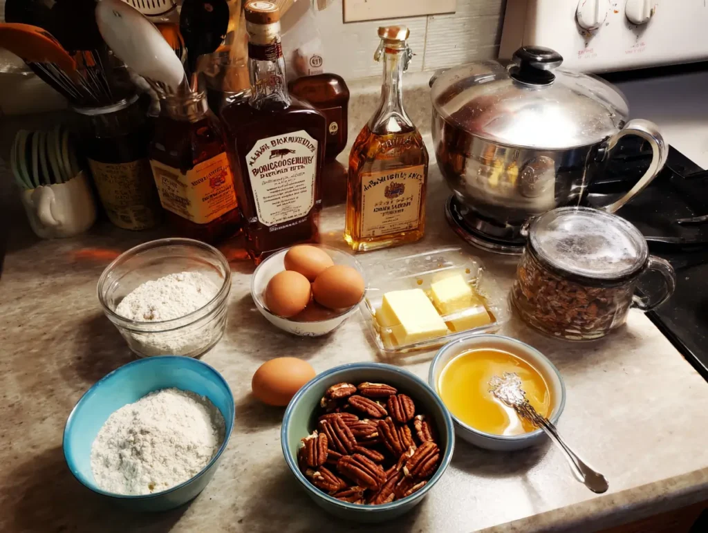 Ingredients for bourbon pecan sticky buns on a kitchen counter