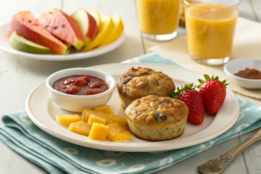 Two Bisquick sausage muffins served on a breakfast plate with fresh fruit and a small bowl of dipping sauce.
