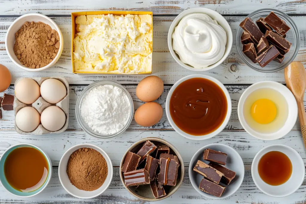 Flat lay of cake mix, eggs, caramel, pudding, whipped topping, and Butterfinger bars