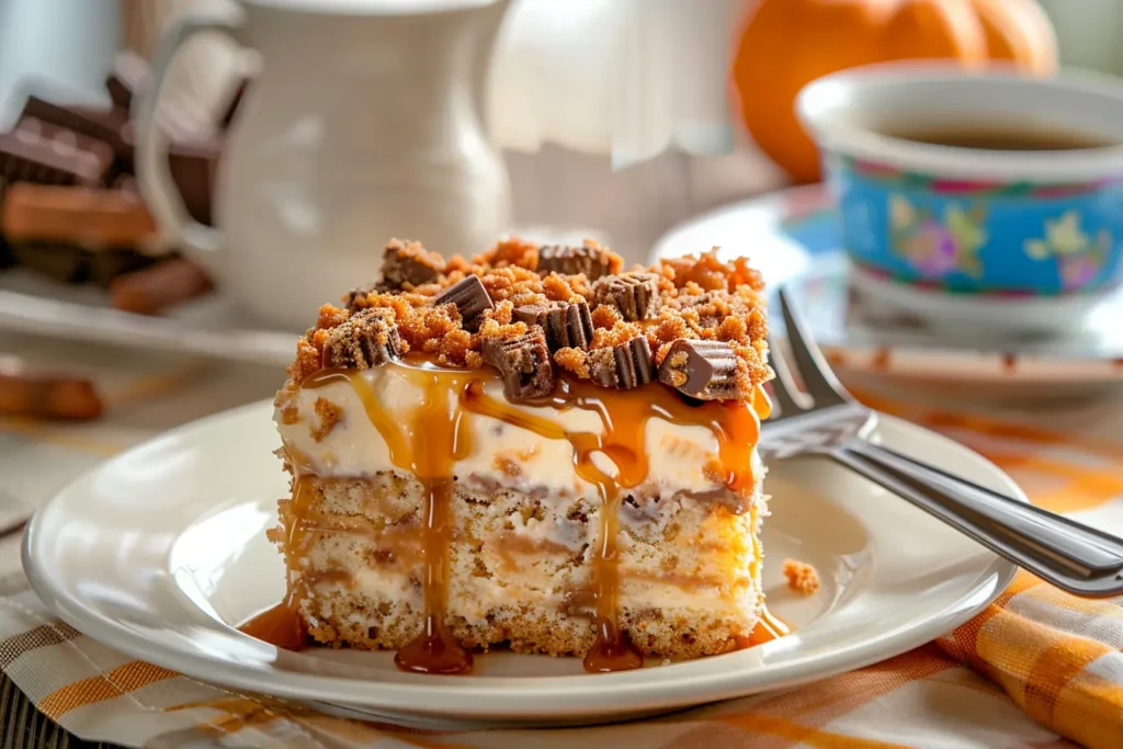 Large slice of Butterfinger poke cake with whipped topping and candy, on a white plate