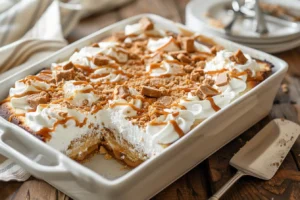 Homemade Butterfinger poke cake in glass baking dish topped with whipped topping and crushed candy bars