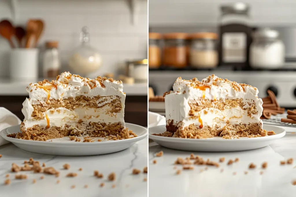 Classic and gluten-free Butterfinger poke cake slices side by side, each labeled