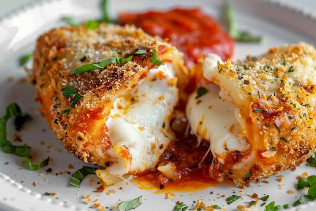 Close-up of stuffed ziti fritta with crispy crust and gooey cheese
