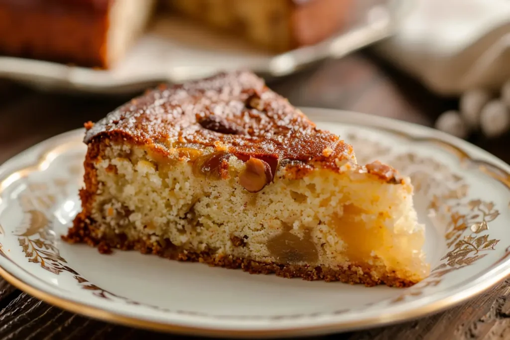 Moist slice of Amish applesauce cake with walnuts and cinnamon sticks