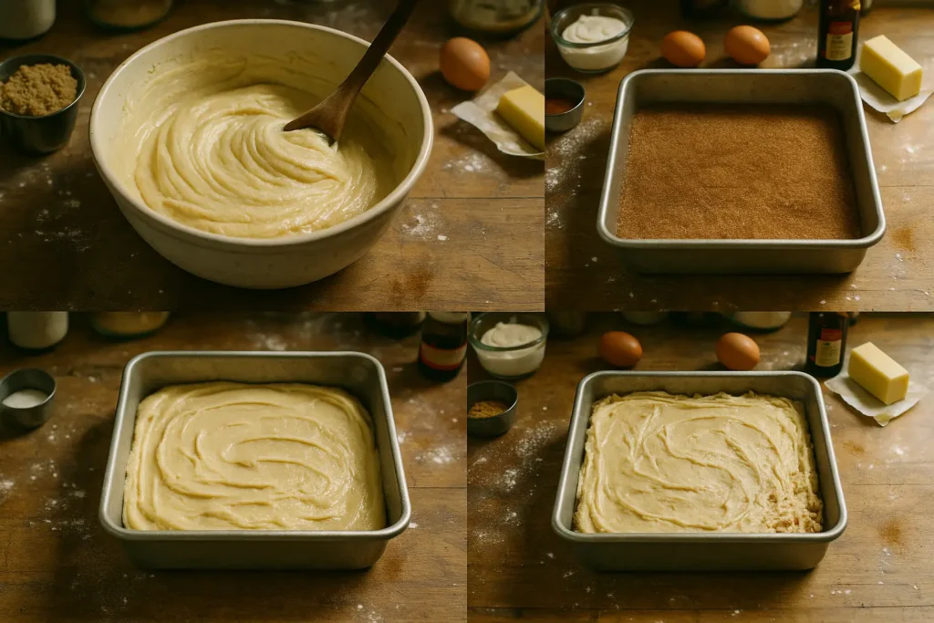 Coffee cake batter in pan with cinnamon swirl and streusel, baking prep process