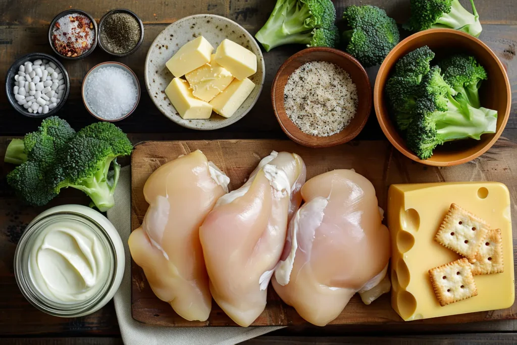 Overhead photo of raw chicken, broccoli, cheddar cheese, cream soup, sour cream, crackers, and spices on a kitchen counter.