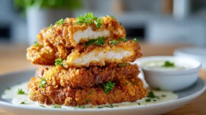 golden crispy chicken fritta stacked on white plate with lemon
