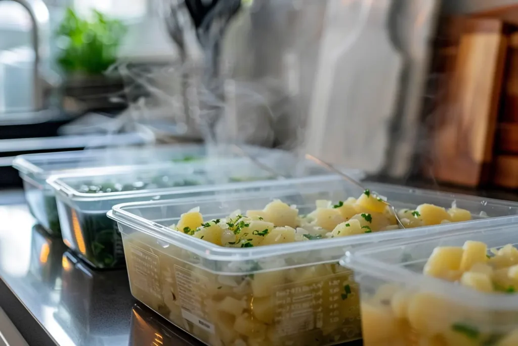 Portioning crack potato soup into labeled freezer containers