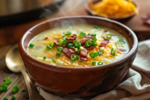 Steaming bowl of crock pot crack potato soup with cheese, bacon, and green onions