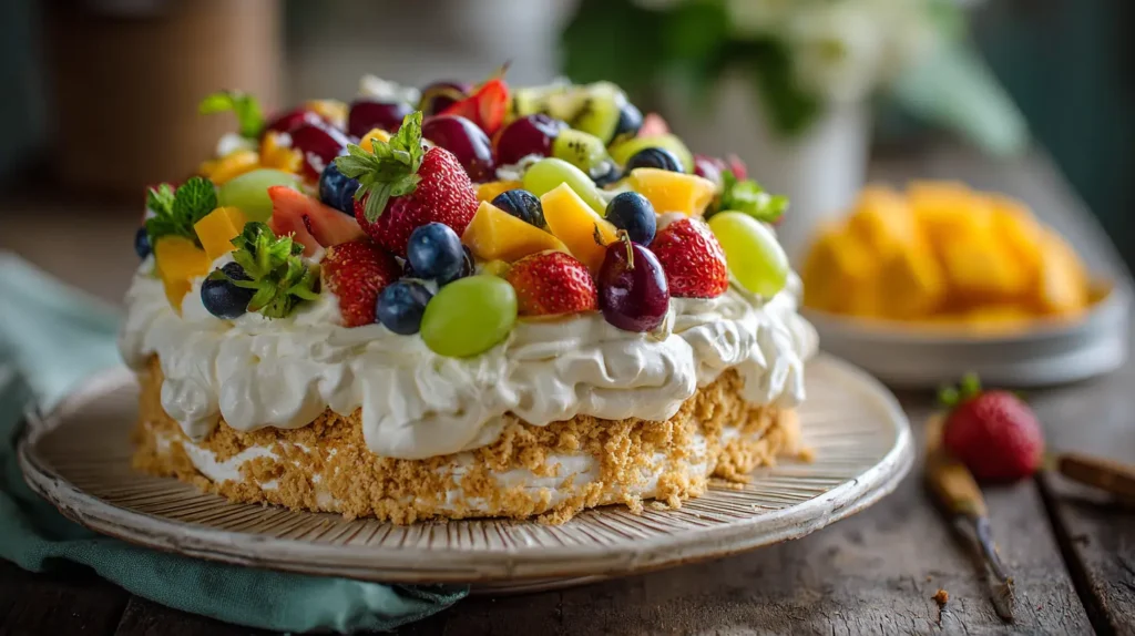 Hands placing fresh fruit on top of Mostachon Cake