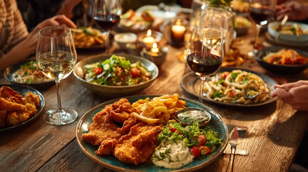 family passing plates of crispy chicken fritta at dinner table