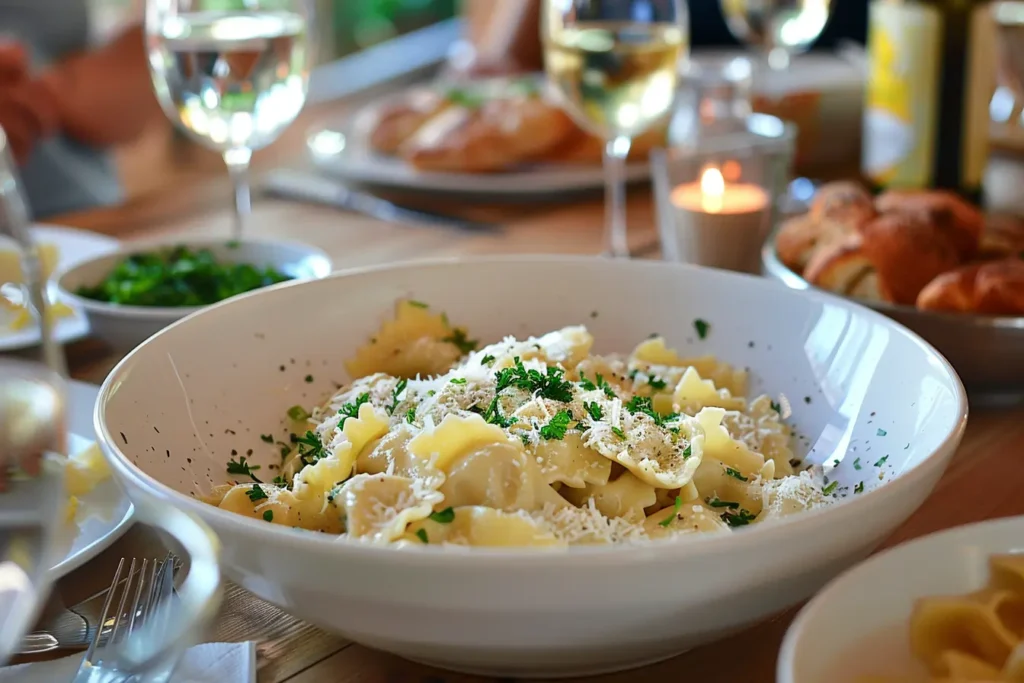 Massive bowl of olive garden ravioli carbonara garnished with parsley and parmesan