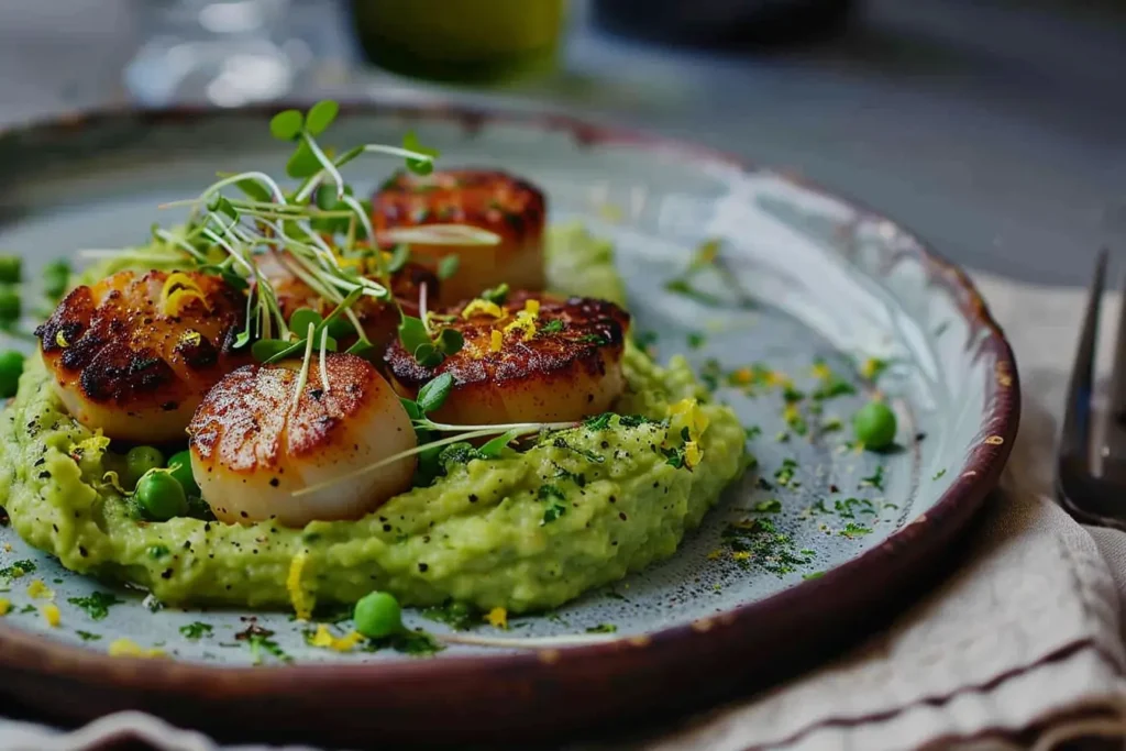 Grilled chicken or scallops served over pea purée