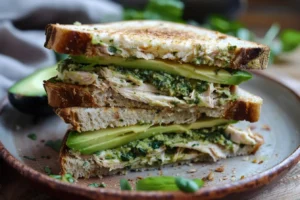 Stacked Tunacado sandwich with tuna mousse, avocado slices, and pesto on toasted flatbread, sliced diagonally