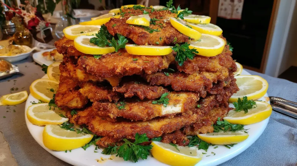 smiling home cook holding messy plate of crispy chicken fritta