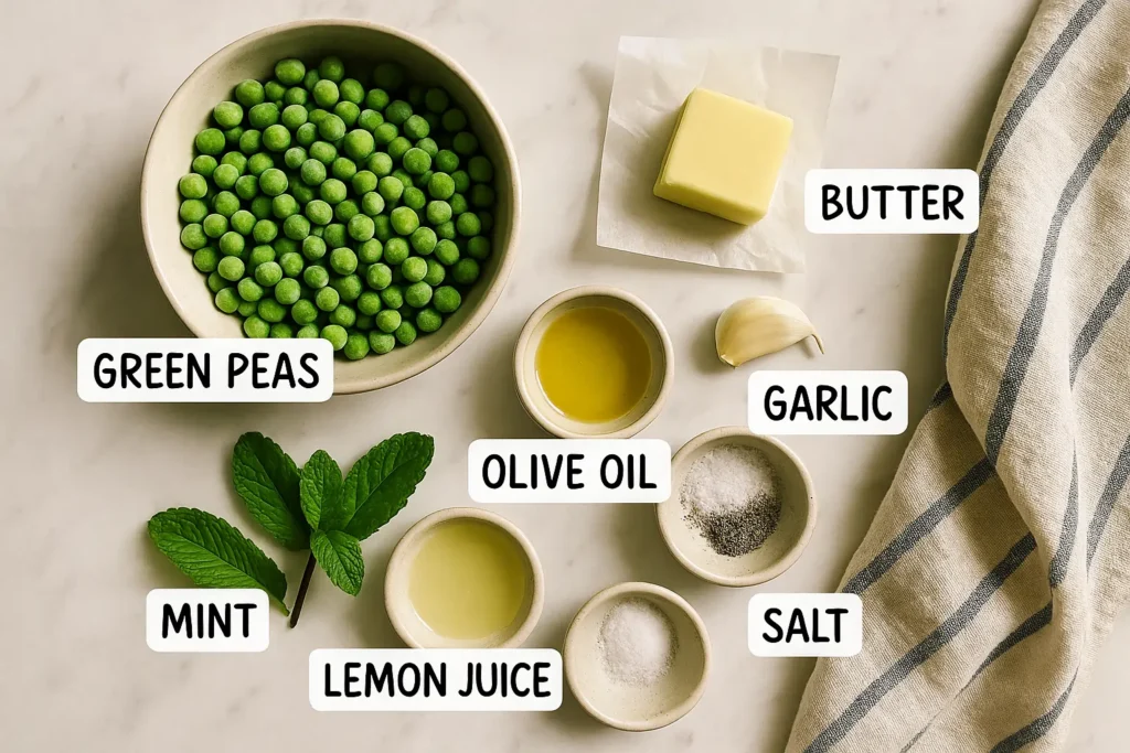 Top-down photo of green peas, butter, garlic, lemon, and mint