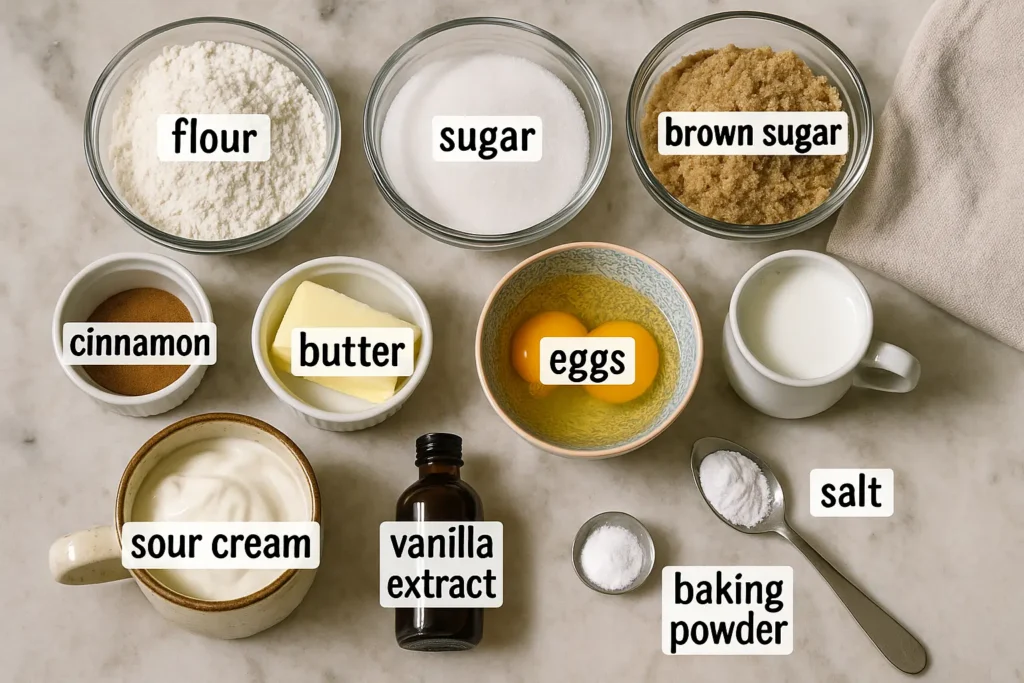 Flat lay of ingredients for cinnamon sugar coffee cake on marble countertop