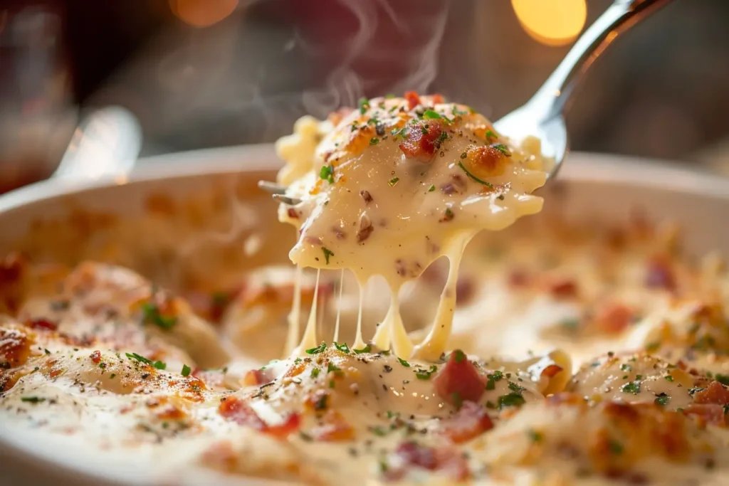 Close-up of a fork lifting a cheese-filled ravioli with creamy carbonara sauce