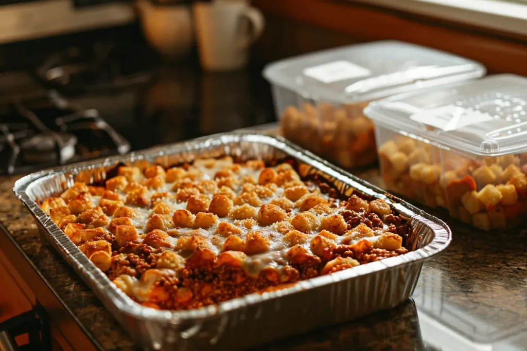 Unbaked sloppy joes tater tot casserole being wrapped and labeled for the freezer