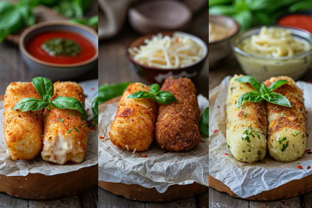 Three styles of stuffed ziti fritta: fried, air fried, and baked