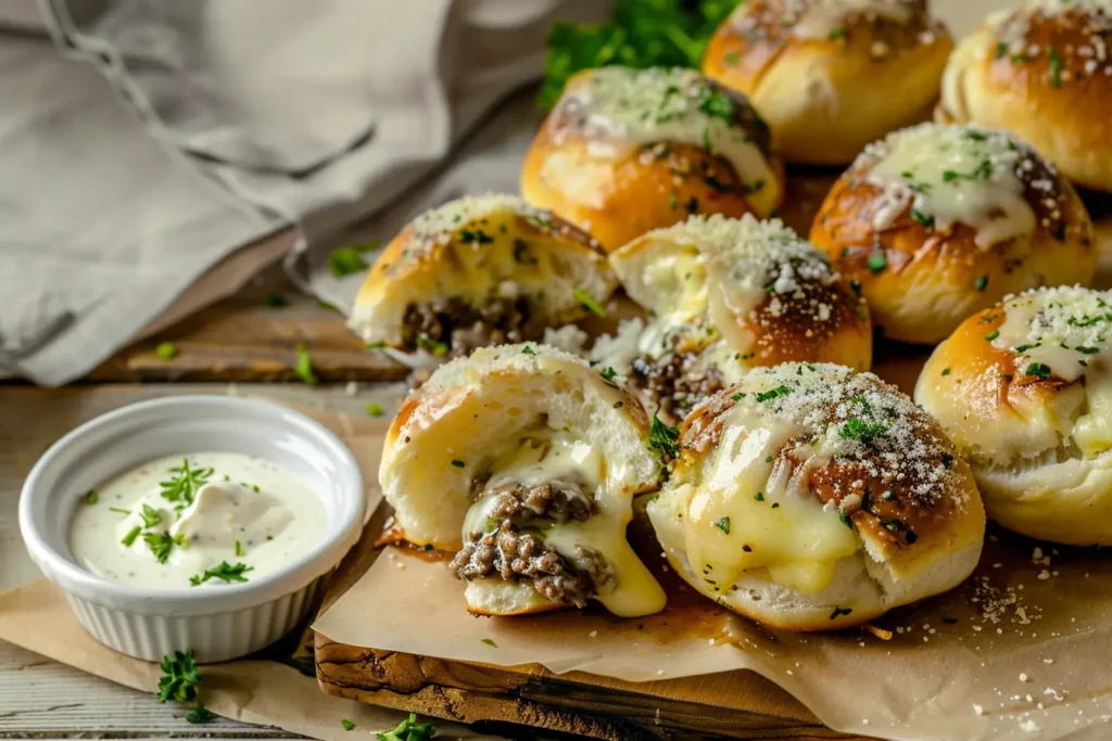 Platter of garlic parmesan cheeseburger bombs with melted cheese on a wooden board