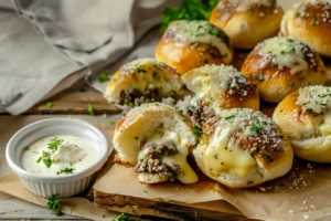 Platter of garlic parmesan cheeseburger bombs with melted cheese on a wooden board