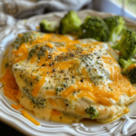 Amateur phone photo of a large, cheesy Cracker Barrel Broccoli Cheddar Chicken casserole with broccoli and golden topping.