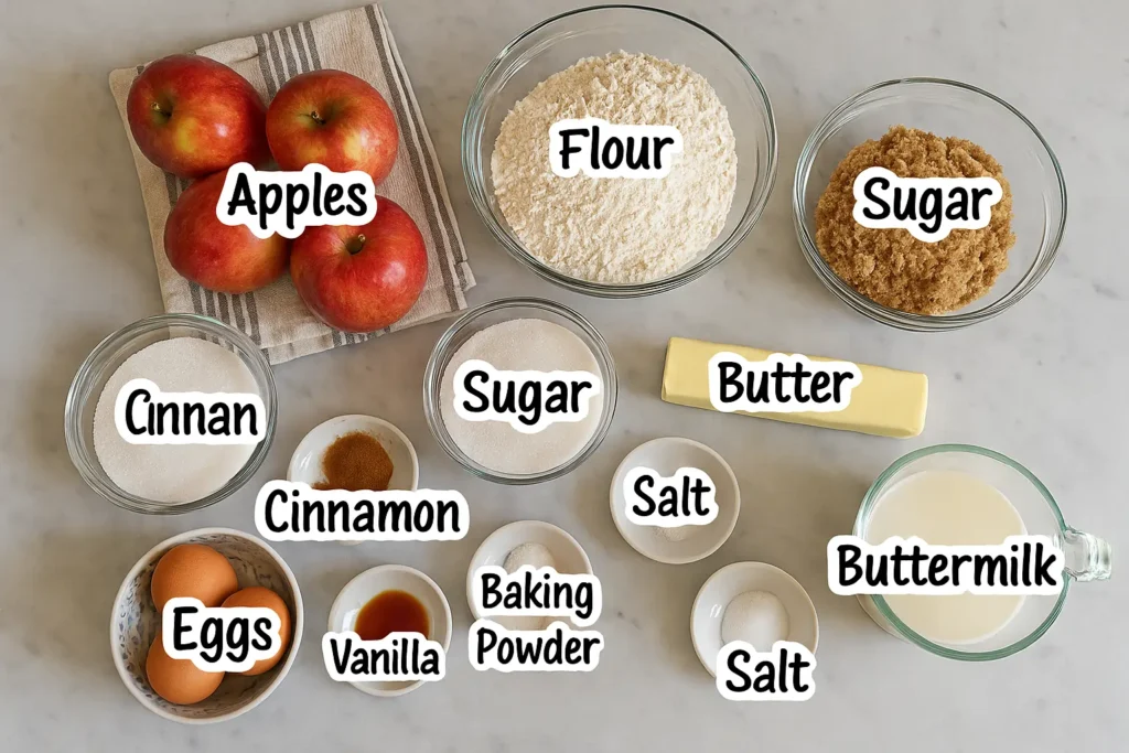 lat lay of ingredients labeled for apple fritter bread
