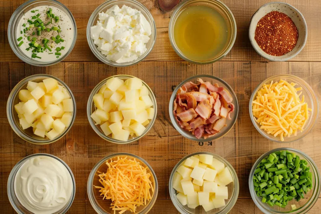 Overhead view of potatoes, cheese, cream cheese, bacon, ranch, green onions, and broth